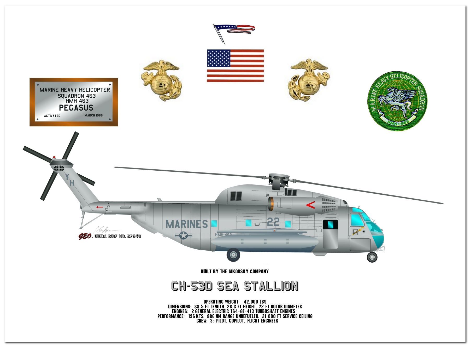 Profile Drawings of the US Marine Corps CH-53 Sea Stallion by George Bieda