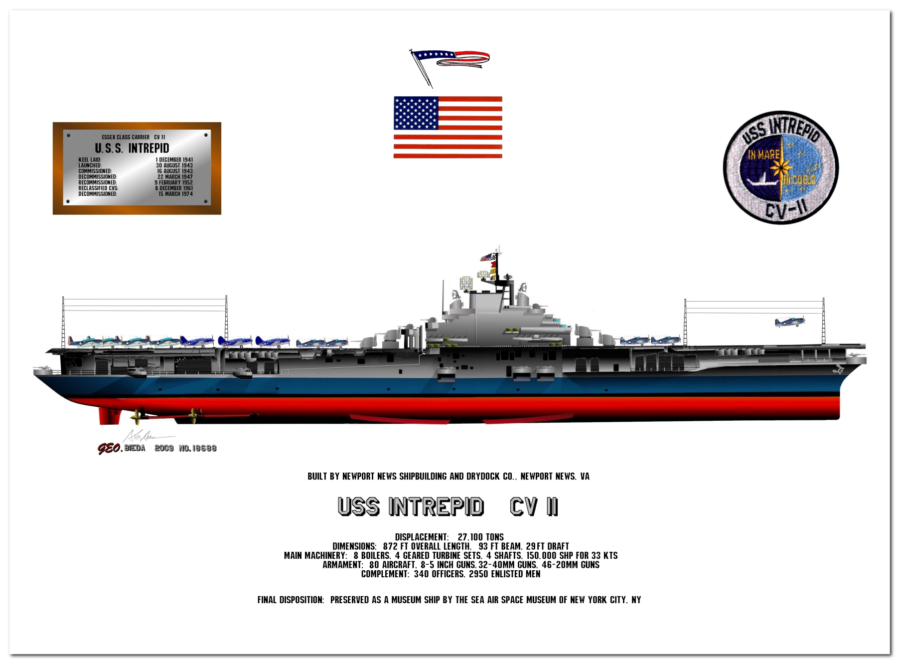 Essex (Short Hull and Long Hull) Class Aircraft Carrier Profile Drawings by George Bieda