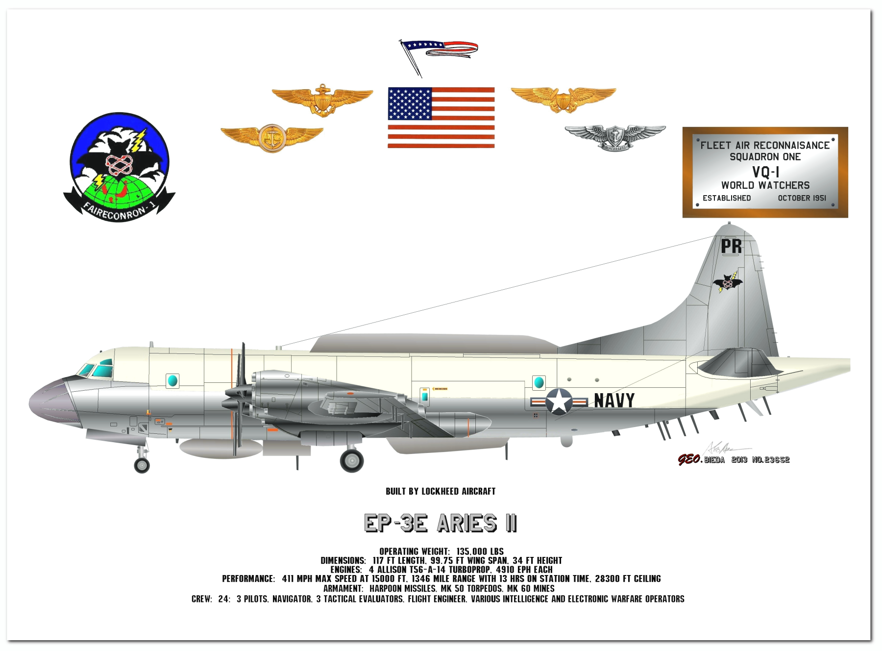 Profile Drawings of the EP-3E Aries II of the VQ-1 World Watchers by George Bieda