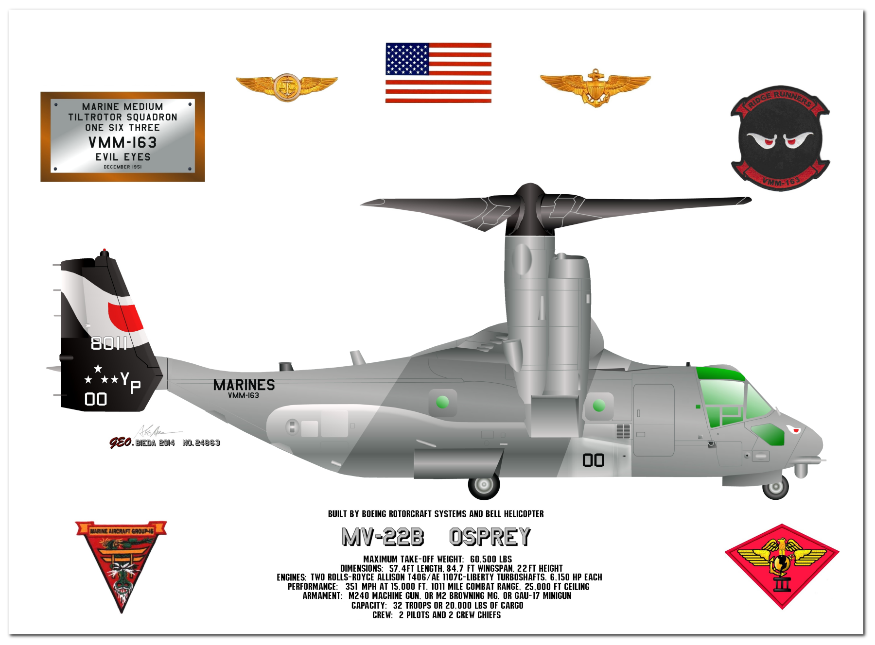Profile Drawings of the United States Marine Corps MV-22B Osprey by George Bieda